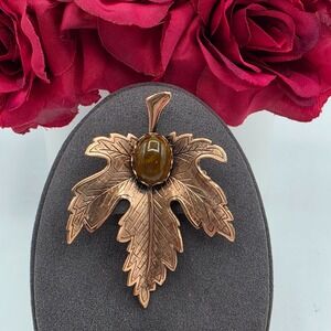 Vintage Renoir Copper Maple Leaf Brooch Brown Stone Cabochon Mid Century Pin